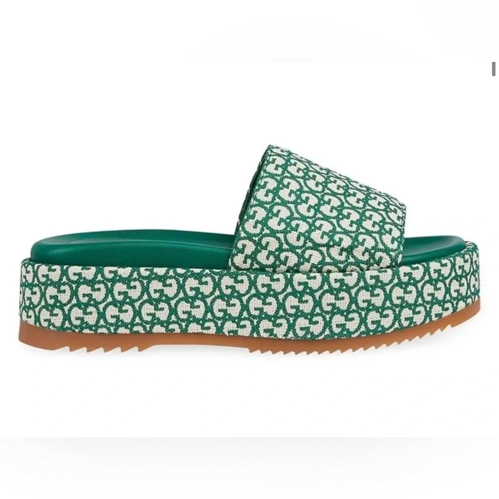 Gucci Angelina slide sandals GG logo platform emerald green canvas tan 39 - Picture 5 of 5